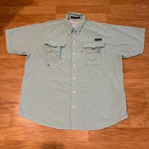 Columbia PFG Short Sleeve Blue Teal Checker Vented Fishing Shirt Men’s Sz XL